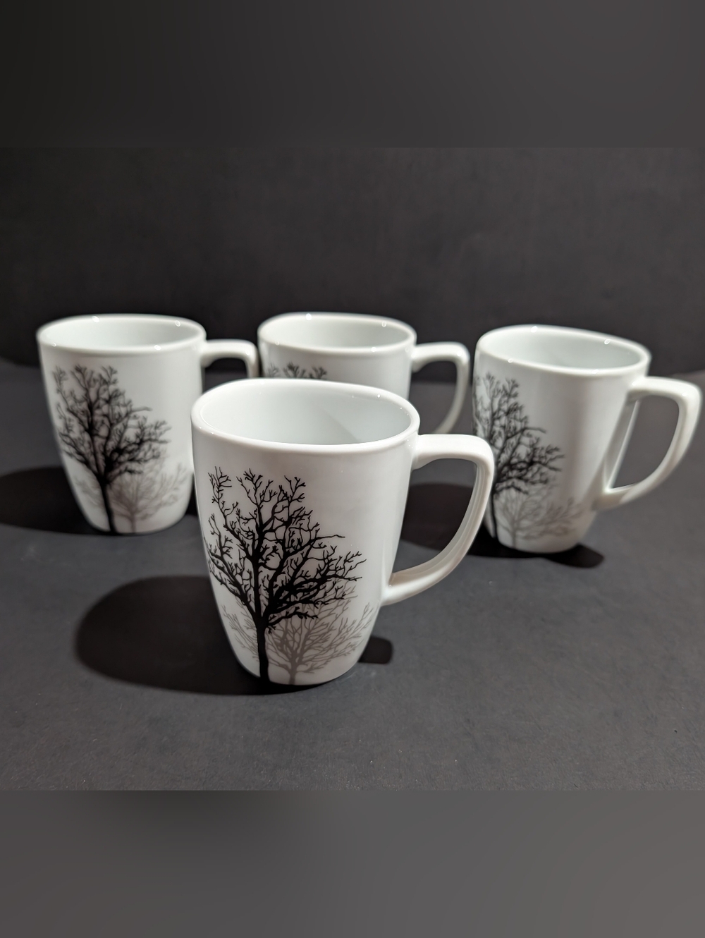4 Corelle Coordinates TIMBER SHADOWS 12 oz Porcelain Mug Black Grey Branches